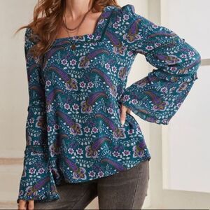 🆕 Suzanne Betro Floral Paisley Bell Sleeve Top Square Neck